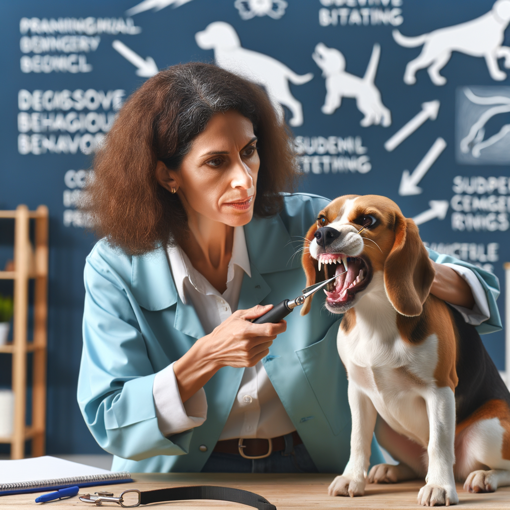 Professional dog trainer demonstrating Beagle aggression training tips and handling aggressive Beagles, highlighting Beagle behavior problems like biting and aggression towards humans and other dogs.