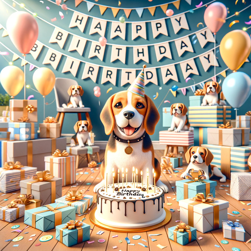 Beagle joyfully celebrating its perfect birthday with Beagle-themed decorations, a Beagle birthday cake, and gifts, showcasing creative Beagle birthday party ideas and party planning.