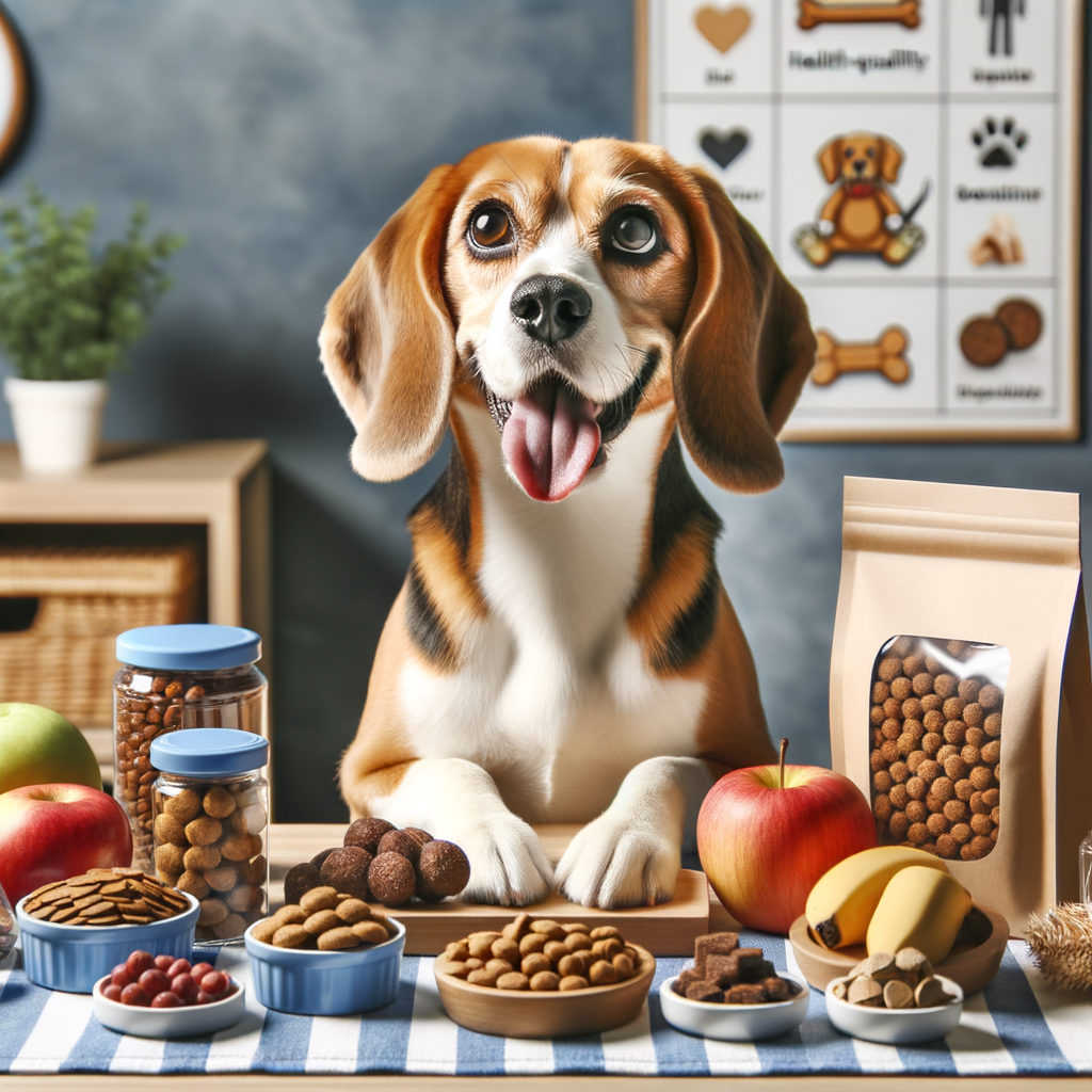 Happy Beagle eagerly waiting for nutritious treats, showcasing the importance of a balanced Beagle diet with top-rated, high-quality dog treats and best Beagle food options on display.
