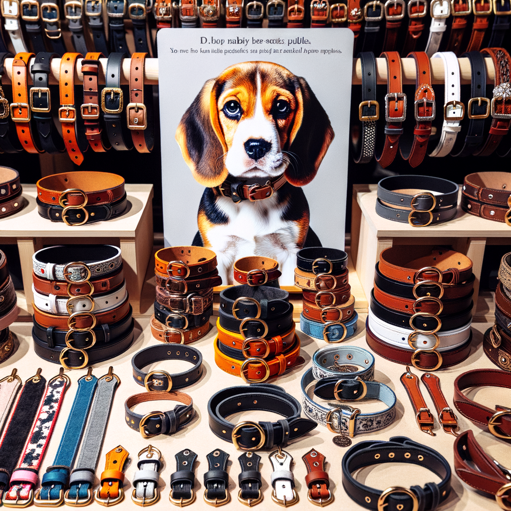 Assortment of the best Beagle dog collars including adjustable, leather, personalized, and training collars, along with a Beagle collar size chart and durable options for puppies.