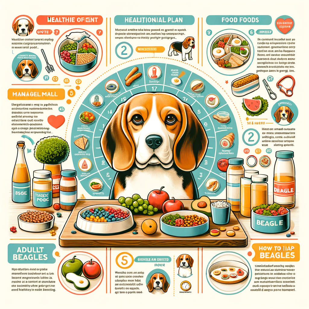 Infographic detailing the best Beagle diet plan, highlighting healthy foods, nutritional needs, weight management, food allergies, and differences between Beagle puppy diet and adult Beagle diet, along with homemade diet options and a comprehensive Beagle nutrition guide.