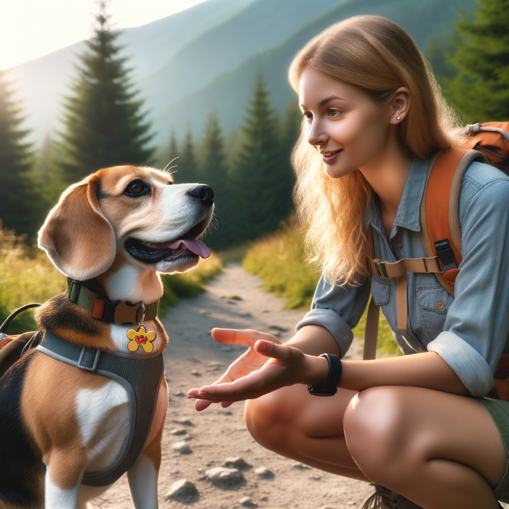 Beagle Hiking Guide demonstrating trail etiquette and safety tips, showcasing well-trained Beagle Hiking Companion in hiking gear on a dog-friendly trail.