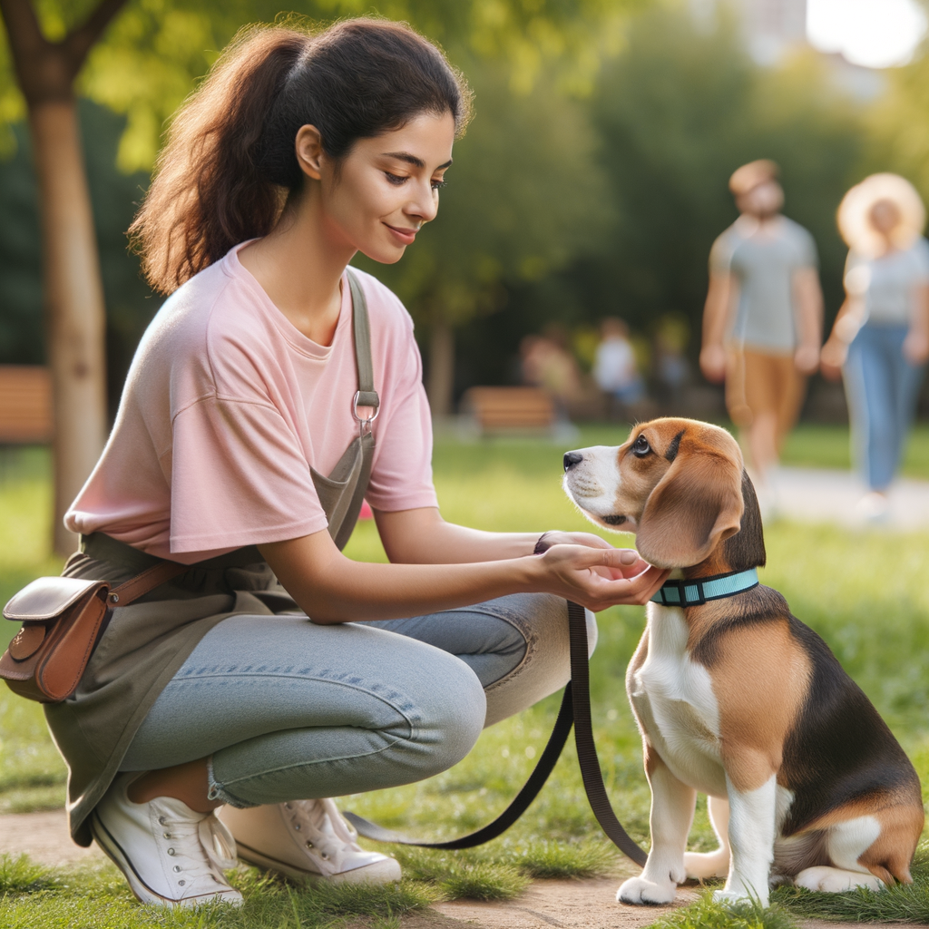 Professional dog trainer conducting Beagle training in a park, teaching Beagle polite interaction and social skills for successful Beagle socialization and etiquette training.
