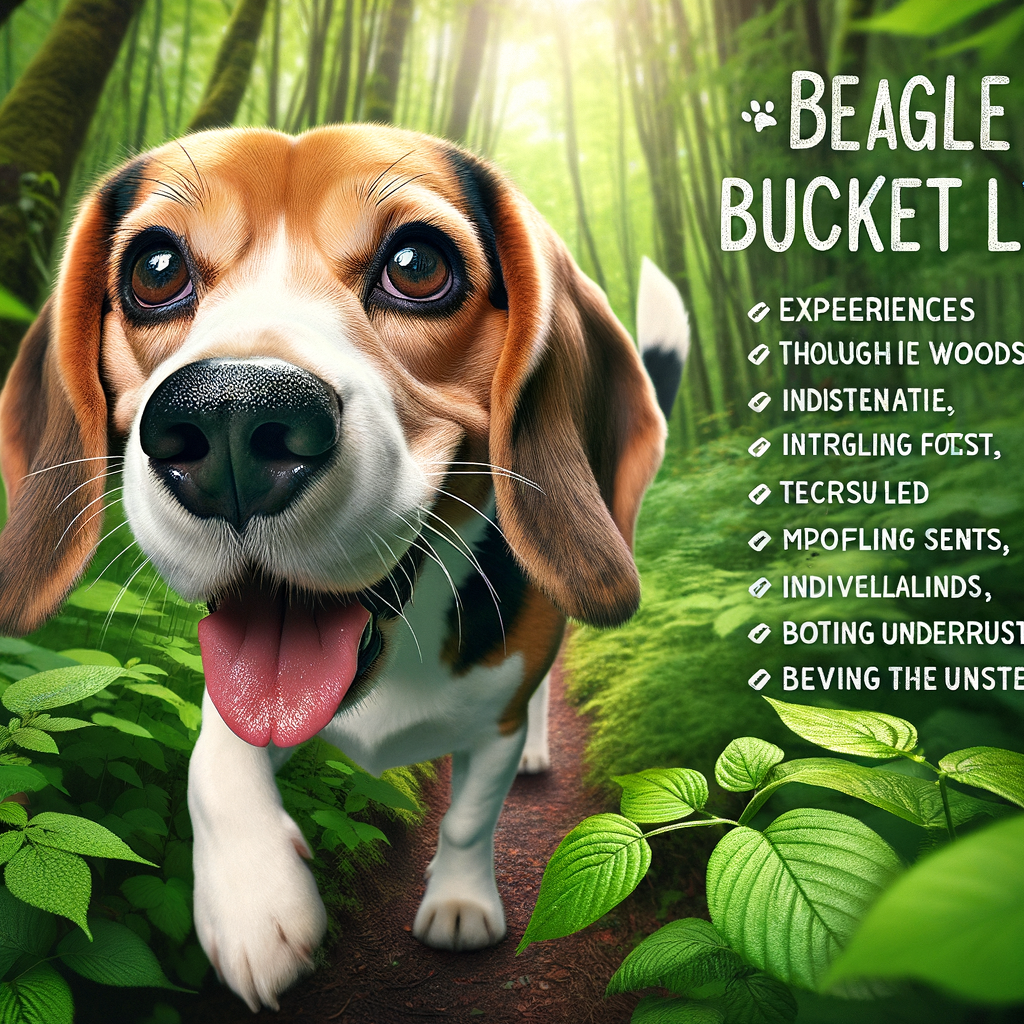 Excited Beagle exploring a forest trail, showcasing Beagle adventures and outdoor activities for a Beagle bucket list.