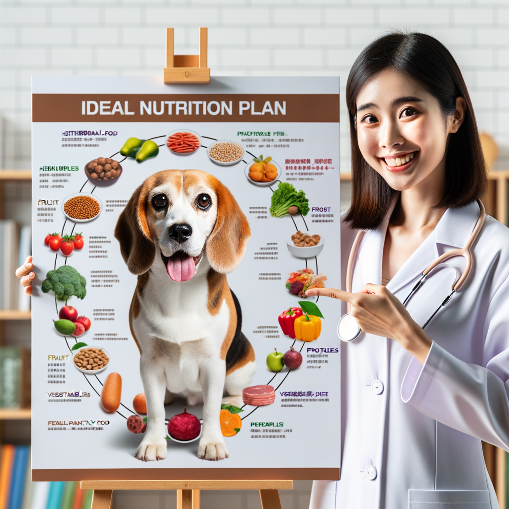 Veterinarian explaining top Beagle diet plans for optimal health, showcasing best food for Beagles including fruits, vegetables, and proteins, with a healthy Beagle symbolizing the benefits of following these diet tips and nutritional needs.