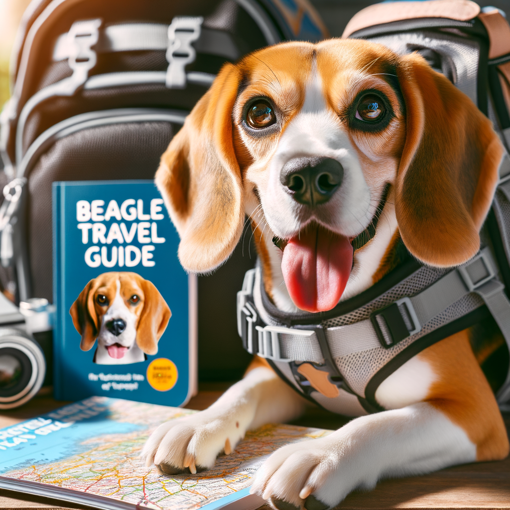 Joyful Beagle with a travel backpack exploring a Beagle-friendly destination, showcasing Beagle adventures and the importance of a Beagle travel guide and travel essentials for planning pet travels and unleashed adventures with your Beagle.