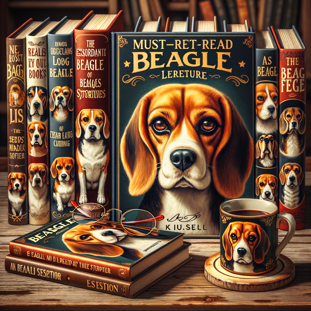 Must-read Beagle books and Beagle lover literature, including tail-wagging tales and dog-themed novels, beautifully displayed on a shelf with reading glasses and coffee, perfect for Beagle owners and dog lovers.