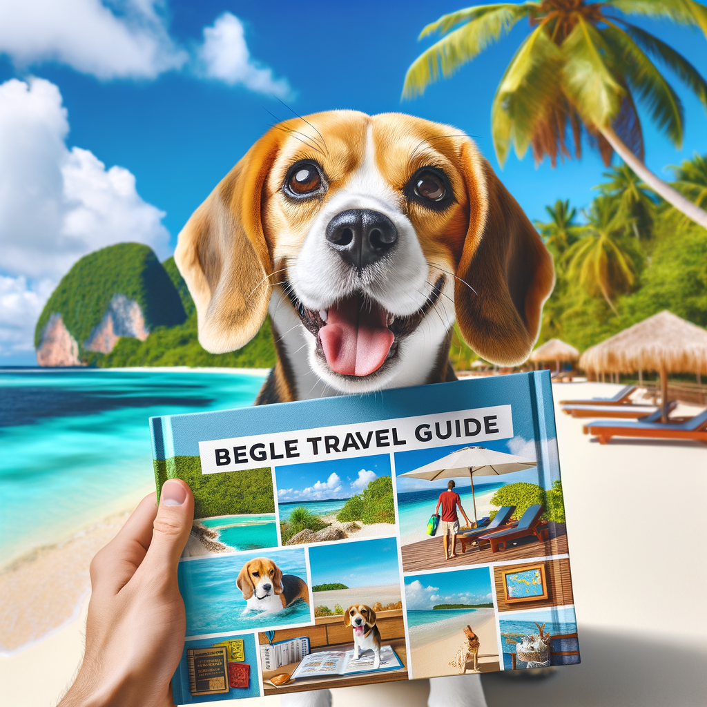 Happy Beagle exploring a pet-friendly beach resort, with a 'Beagle Travel Guide' in view, showcasing Beagle-friendly vacation spots and tips for traveling with Beagles.