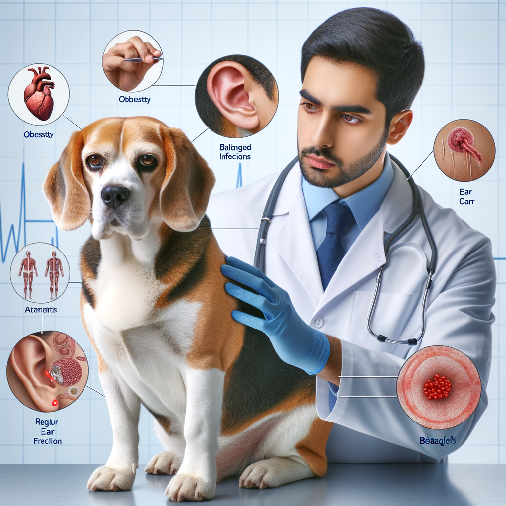 Veterinarian examining a Beagle dog, illustrating common Beagle health problems like obesity and ear infections, and providing Beagle health care tips for common Beagle diseases and Beagle puppy health issues.