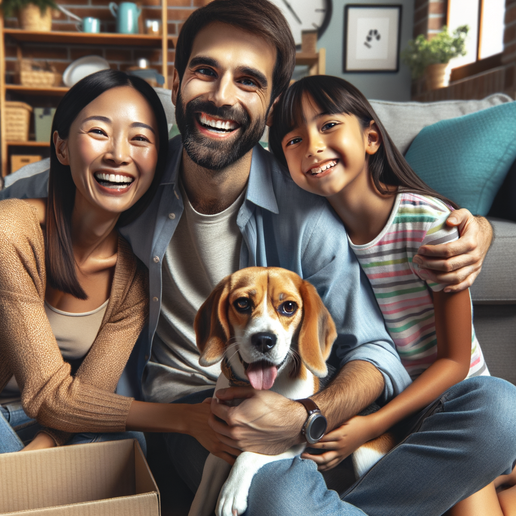 Joyful family experiencing the unexpected benefits and advantages of adopting a beagle, highlighting the reasons and beagle dog benefits of beagle pet adoption in a cozy home setting.