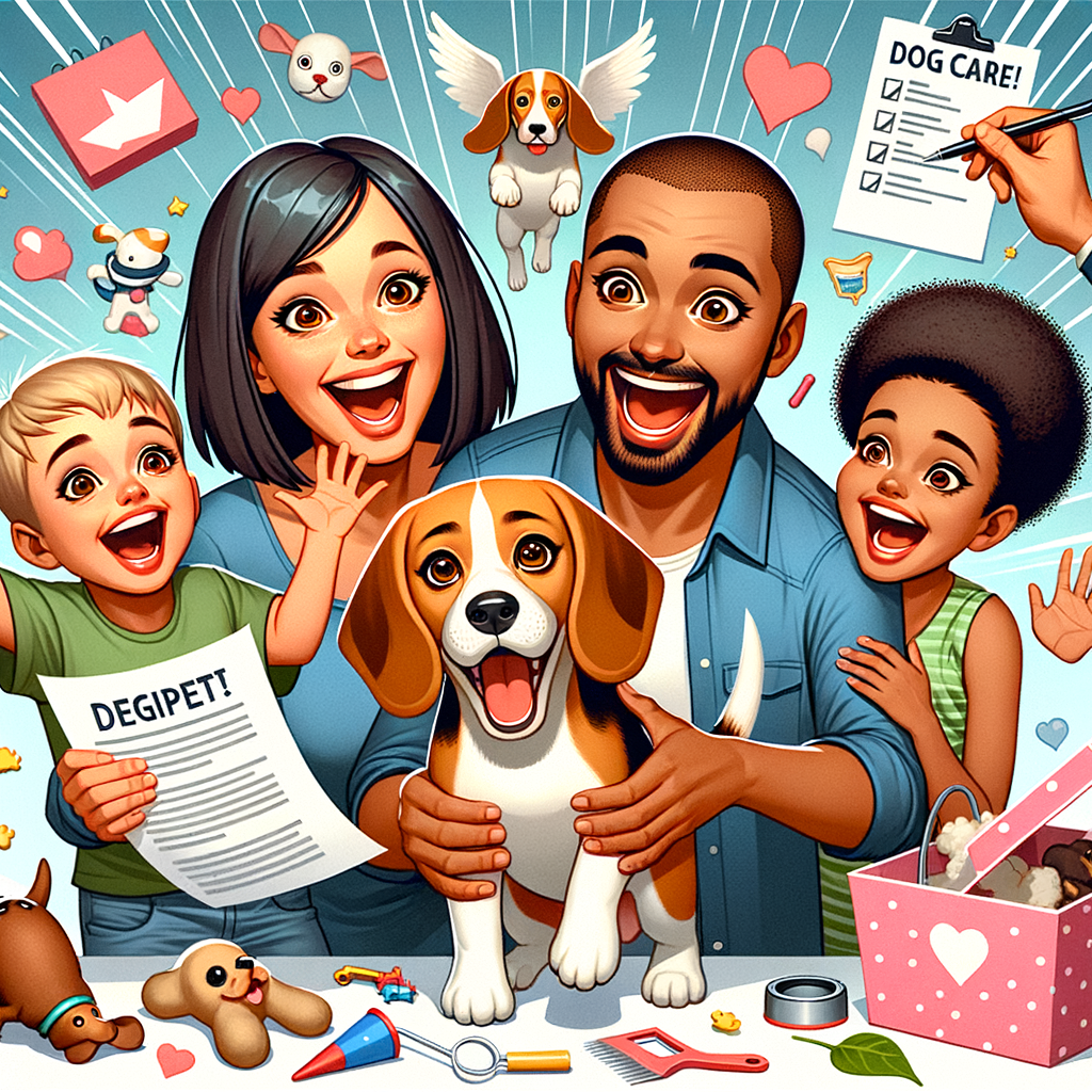 Joyful family expressing surprise and happiness while adopting a beagle, showcasing the perks and benefits of beagle ownership and hinting at a guide for successful beagle adoption.
