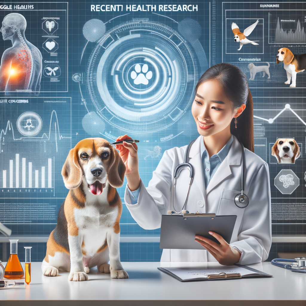 Veterinarian conducting Beagle health research in a lab, analyzing Beagle health issues and developments, while providing Beagle health care to a healthy Beagle, with a sidebar of Beagle health tips and common Beagle health problems.