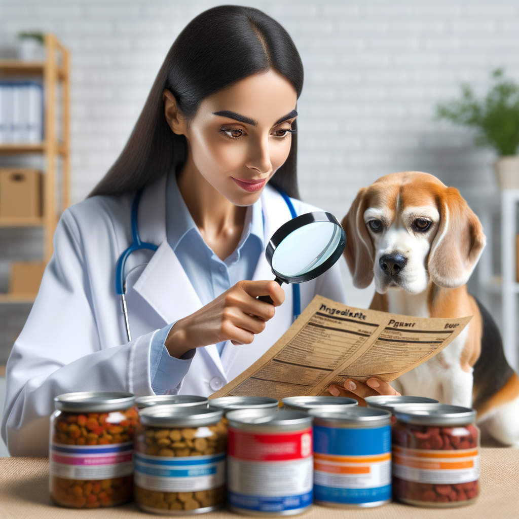 Veterinarian examining dog food labels for understanding Beagle nutrition, highlighting the importance of decoding pet food labels for a healthy Beagle diet.