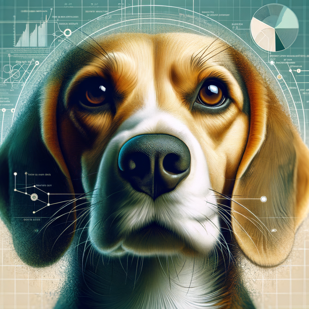 Close-up of a Beagle breed dog's nose, highlighting its keen sense of smell and olfactory abilities, with background featuring scientific research graphs and charts on Beagle's scent detection capabilities.