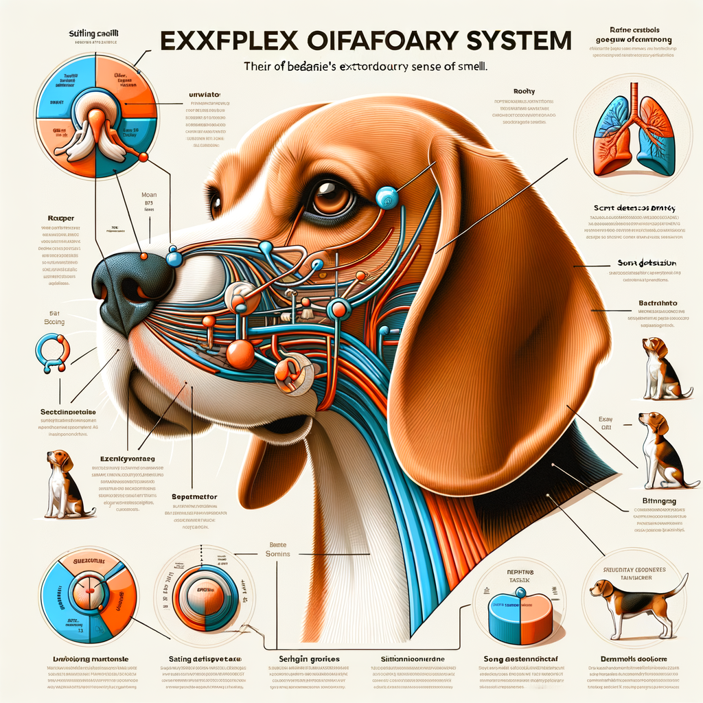 Infographic illustrating the Beagle breed's olfactory system, showcasing their incredible sense of smell, scent detection, sniffing skills, and training methods to enhance a Beagle's nose capabilities.