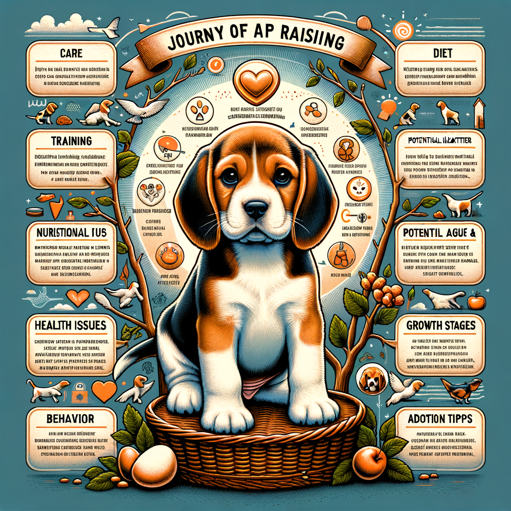 Infographic detailing Beagle puppies care, training, diet, health issues, behavior, growth stages, and adoption tips for new Beagle owners as part of a comprehensive guide to raising Beagle puppies.