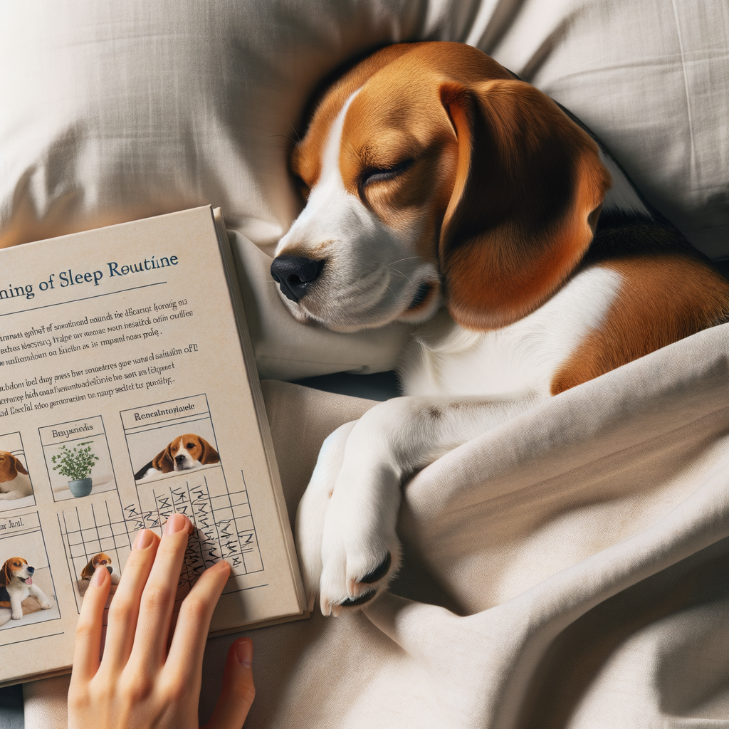 Beagle dog peacefully sleeping in bed, illustrating a successful Beagle sleep pattern and bedtime routine, with elements of Beagle sleep training tips and schedule.