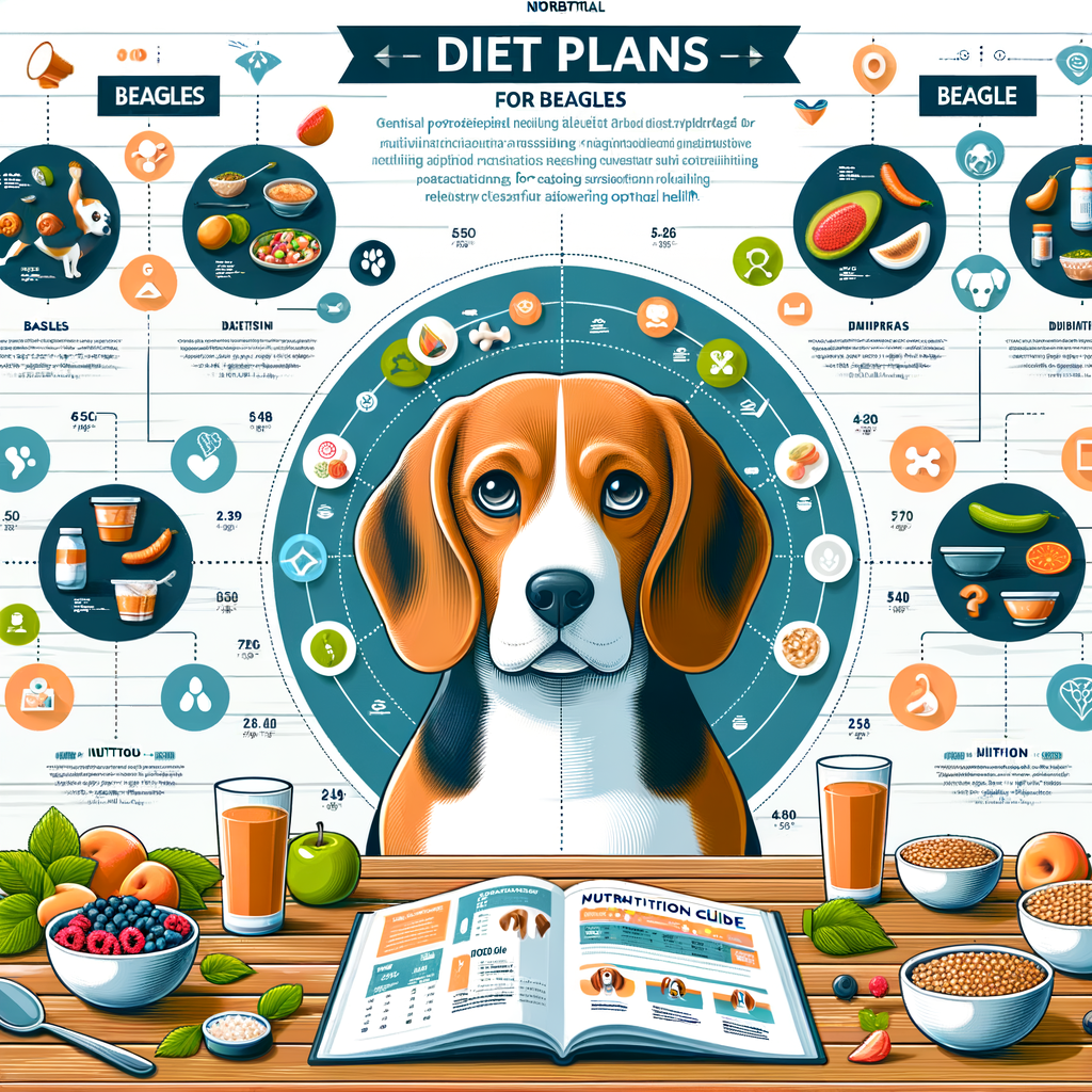 Infographic showcasing top Beagle diet plans for optimal health, featuring a Beagle nutrition guide, healthy foods, and icons symbolizing Beagle health and wellness.