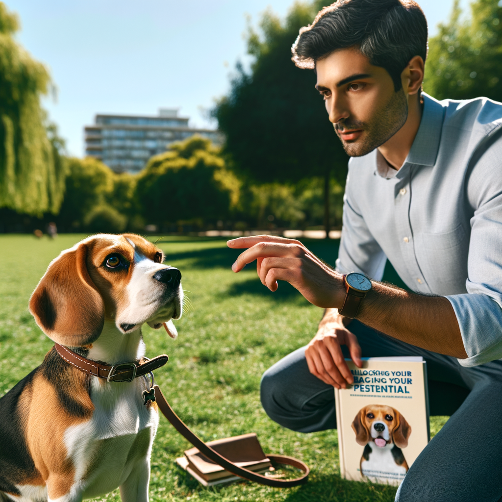 Professional dog trainer using essential Beagle training methods in a park, with an attentive Beagle and a guide book titled 'Unlocking Your Beagle's Potential' for effective Beagle training tips.
