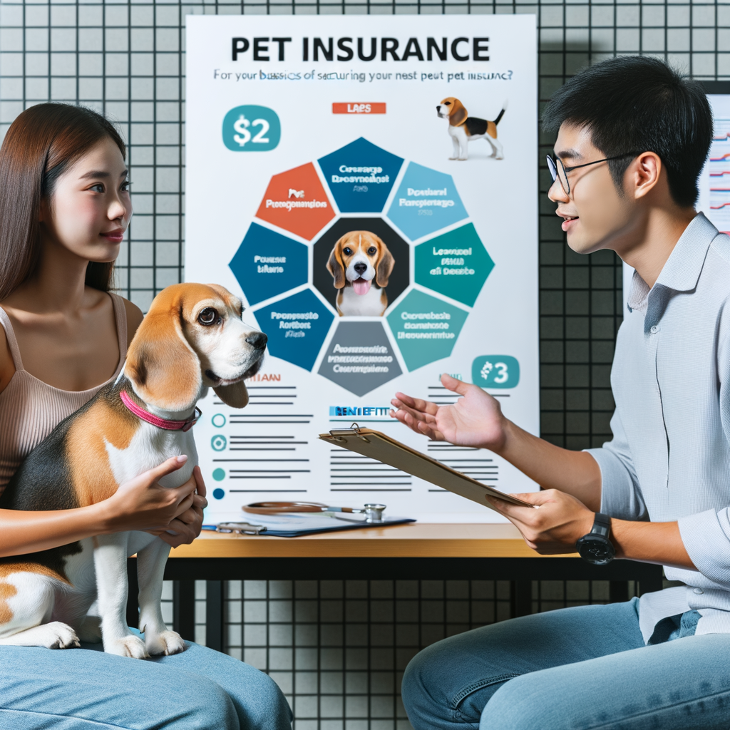 Insurance agent explaining Beagle pet insurance policy details, showcasing pet insurance coverage, benefits, and Beagle insurance costs in a comprehensive chart titled 'Pet Insurance 101', aiding in understanding and securing the best pet insurance for Beagles.
