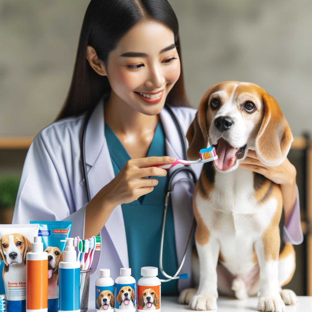 Veterinarian demonstrating Beagle dental hygiene and oral care with tooth brushing for a healthy Beagle smile, showcasing dental products for Beagles for optimal Beagle dental health.
