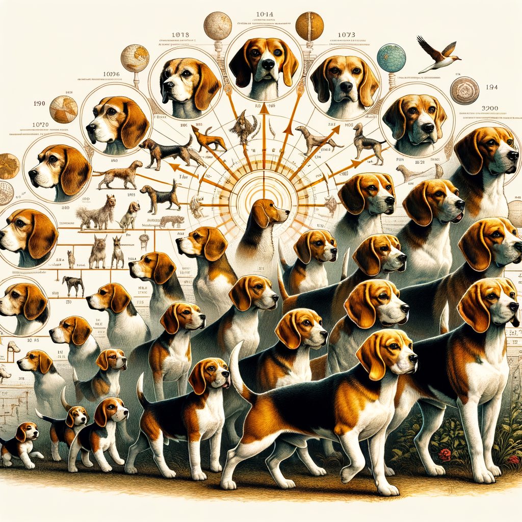 Infographic illustrating the Beagle breed history, origin, and lineage, highlighting key moments in the evolution and development of Beagle dogs.