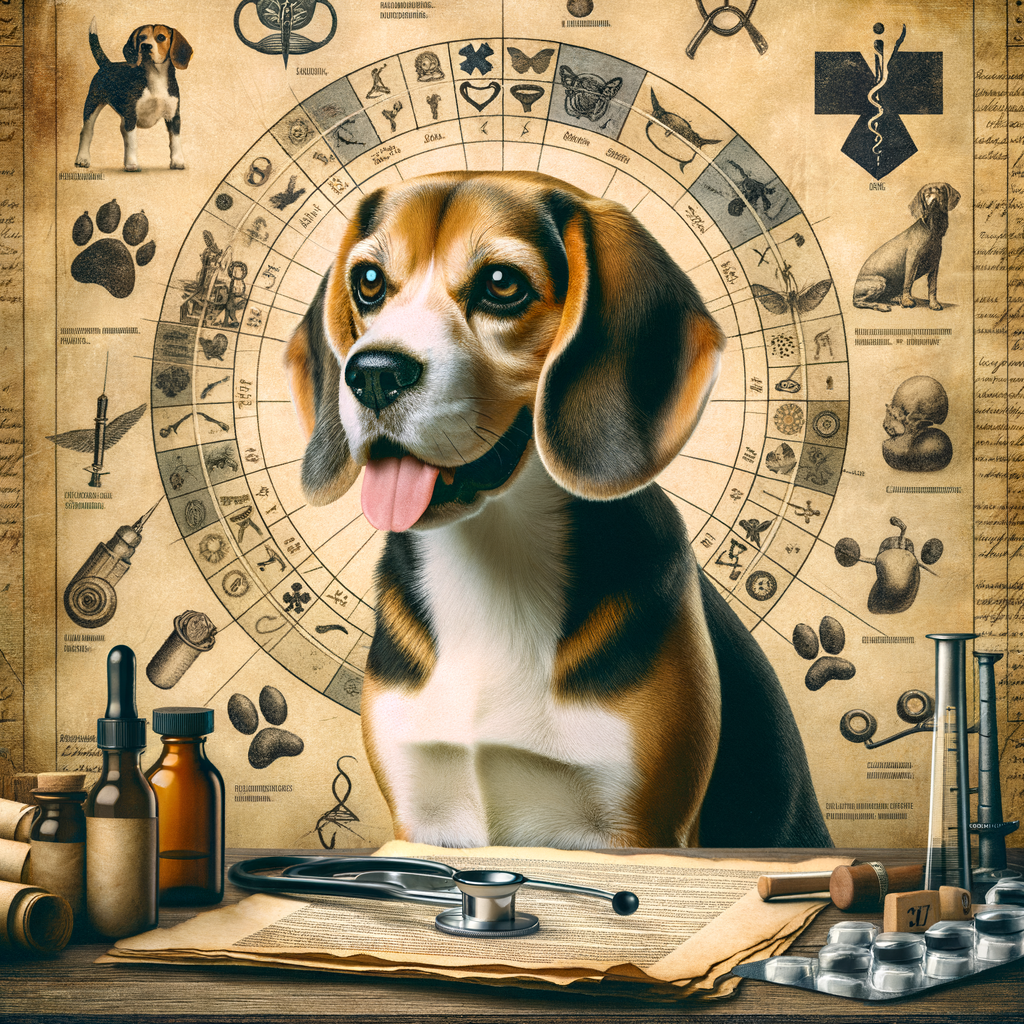 Vintage illustration of a Beagle with historical medical documents and old veterinarian tools, symbolizing the evolution of understanding Beagle health concerns and the rich history of Beagle breed health information.