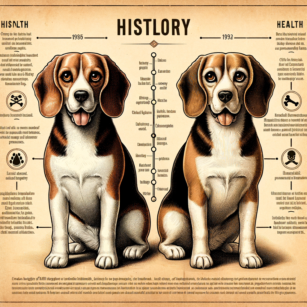 Vintage illustration showing the history of Beagle breed health problems, featuring a healthy Beagle and a Beagle with health concerns, highlighting common diseases and health risks in Beagles.