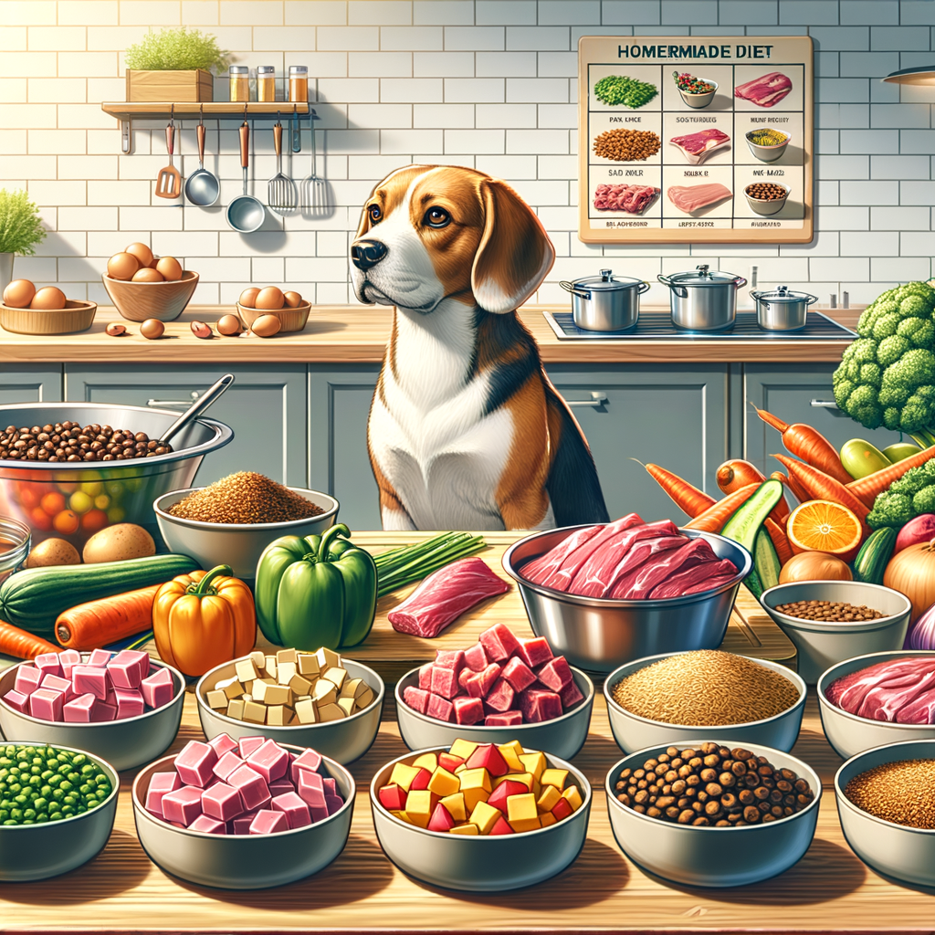 Variety of homemade beagle recipes and DIY beagle meals in a professional kitchen setting, featuring nutritious ingredients for delicious dog food recipes and a guide for a healthy beagle diet.