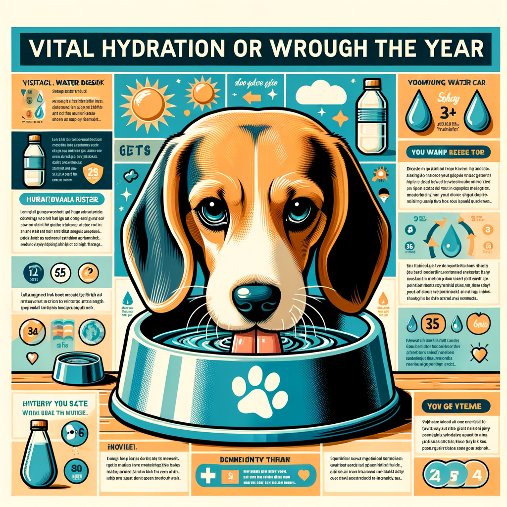 Infographic providing Beagle hydration tips, showcasing a healthy Beagle drinking water, and year-round hydration strategies for Beagles, emphasizing the importance of Beagle water intake, especially in summer.