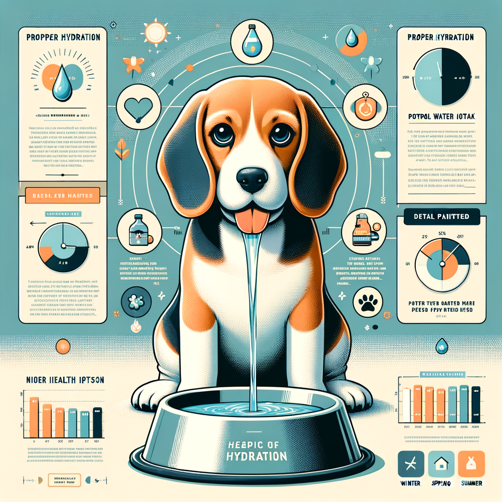 Infographic illustrating Beagle hydration tips, showcasing a Beagle drinking water and optimal water intake, with year-round hydration and Beagle care tips for maintaining Beagle health.