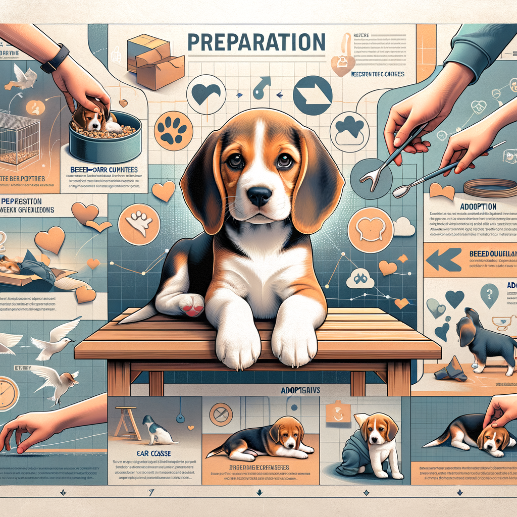 Joyful Beagle puppy in a rescue center, highlighting Beagle adoption process, cost, care guide, breed information, adoption and training tips, preparing for Beagle adoption.