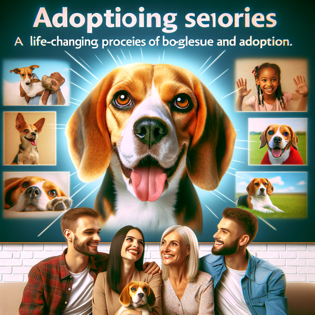 Joyful adopted beagle with sparkling eyes, symbolizing successful beagle adoptions and inspirational dog adoption stories, with a background collage of heartwarming beagle rescue and adoption experiences.