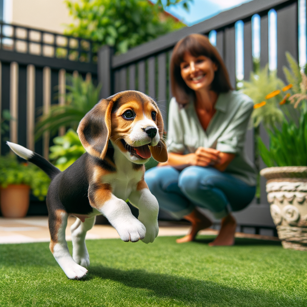 Newly adopted beagle puppy playing joyfully in backyard, showcasing love and loyalty in beagle adoption stories.