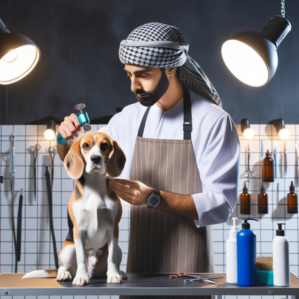 Professional groomer demonstrating Beagle grooming techniques and essentials for Beagle hair and coat care, highlighting the importance of a regular Beagle grooming routine for a comprehensive Beagle grooming guide.