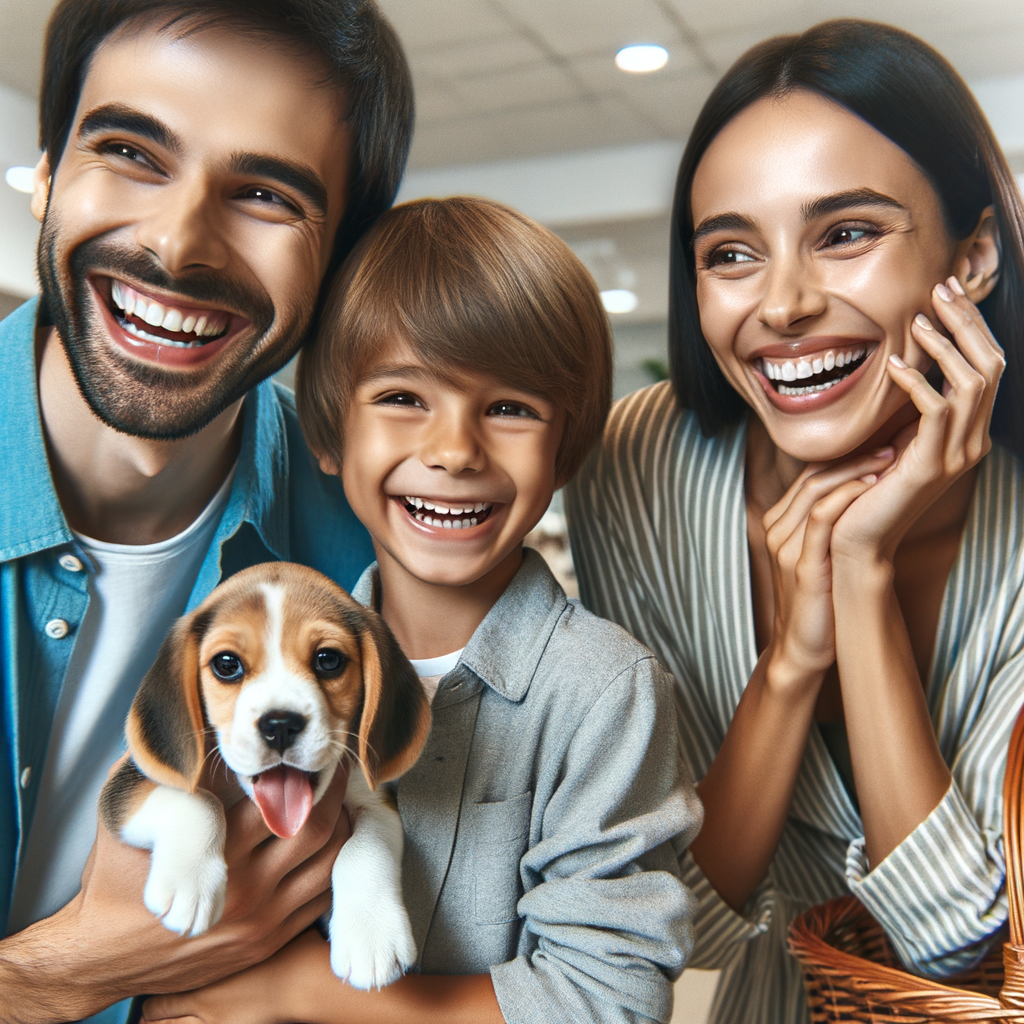 Joyful family adopting a beagle puppy, illustrating real-life beagle adoption stories, emphasizing beagle dog care, training, and understanding beagle behavior.