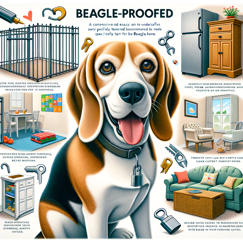 Beagle-proofing home guide illustrating Beagle safety measures like secure fencing and locked cabinets, with a happy Beagle in a Beagle-friendly home, demonstrating the benefits of making home safe for Beagles.