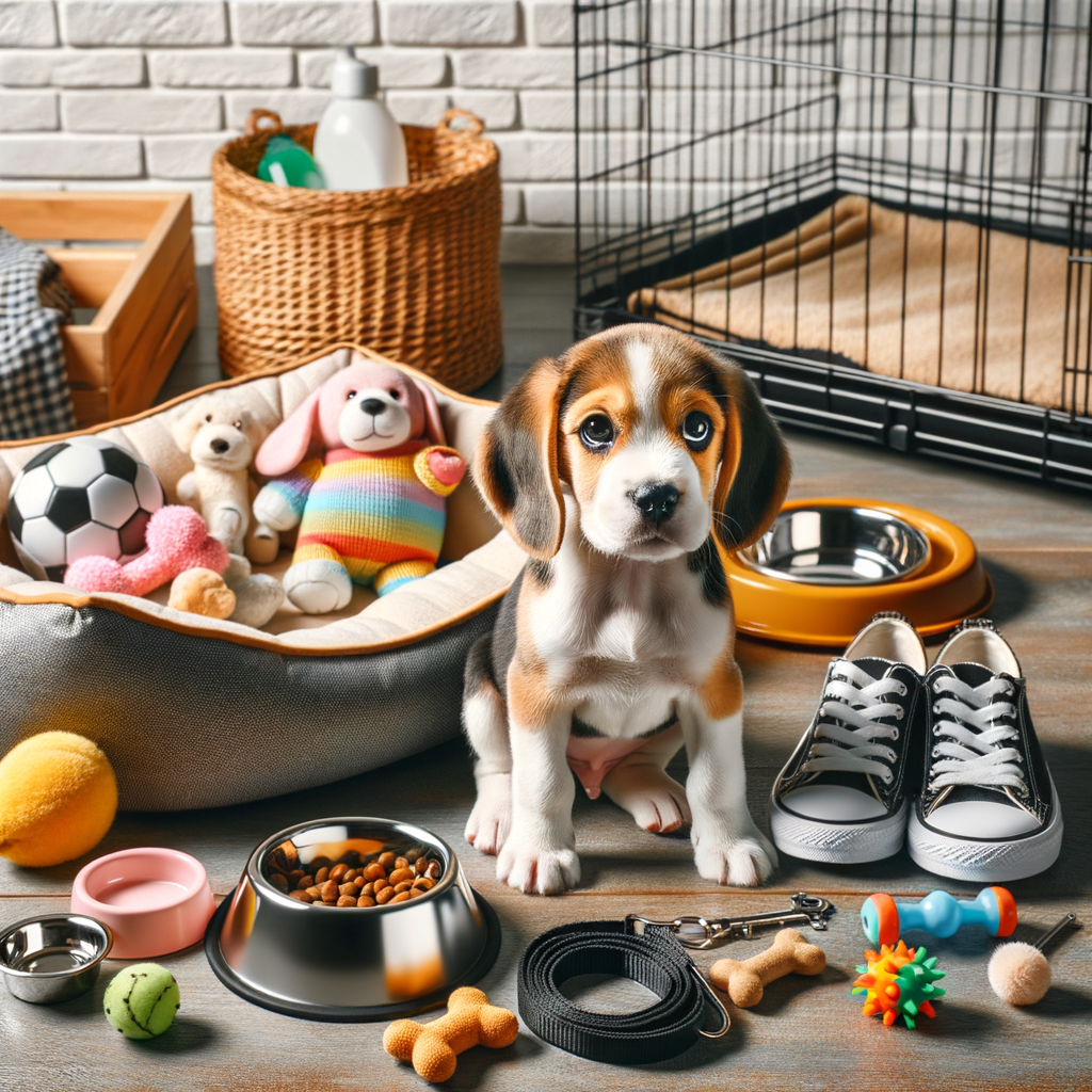 Beagle puppy exploring its new home setup with essential items for Beagle puppy care, highlighting the importance of preparing home for Beagle puppy adoption and training.
