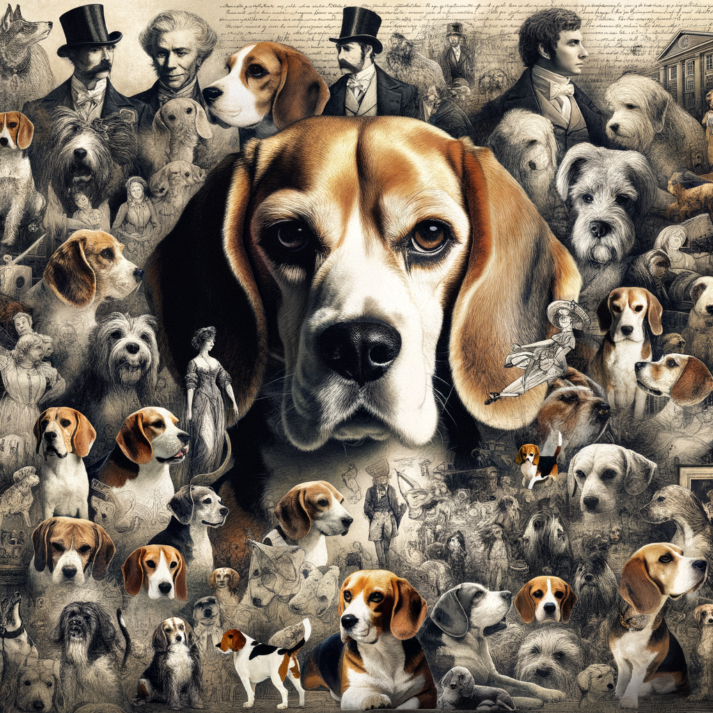 Collage of Beagle breed history, featuring Beagles in art and literature, including Beagle dog art from historical periods and Beagle characters from classic literature.