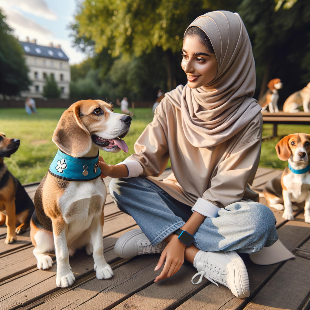 Professional dog trainer conducting beagle socialization training in a park, demonstrating beagle interaction with dogs and effective beagle dog socialization tips.