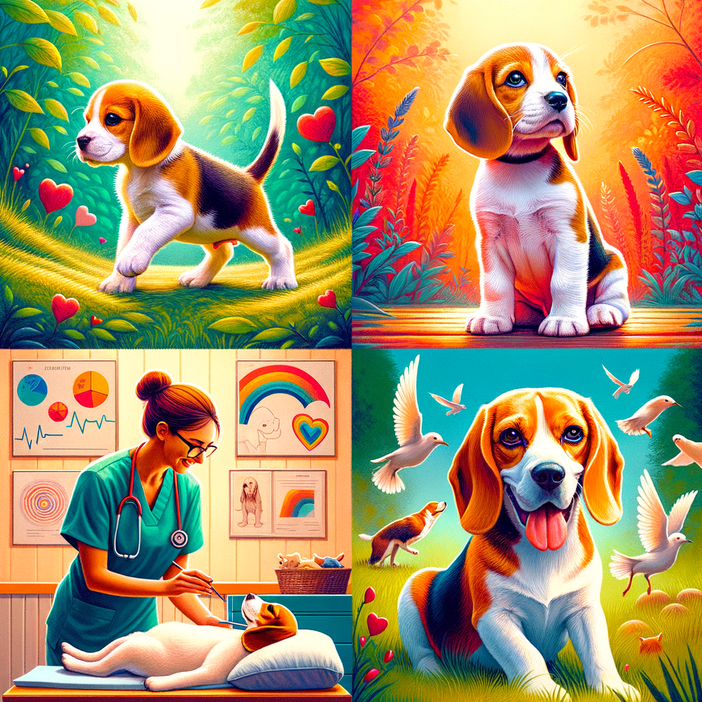 Collage of Beagle milestones including puppy's first steps, training success, health check-up, and older Beagle resting, illustrating Beagle growth stages, development, and various age, behavior, training, health, and life milestones to celebrate.