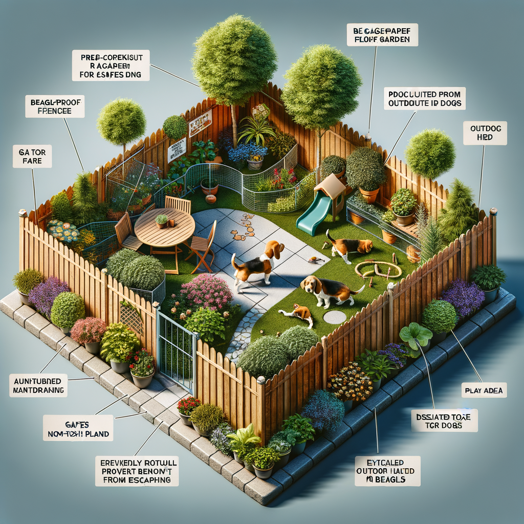 Beagle-proof yard with dog-safe yard plants and a designated play area, illustrating Beagle safety, yard safety for dogs, and a pet-friendly yard for Beagle outdoor safety.