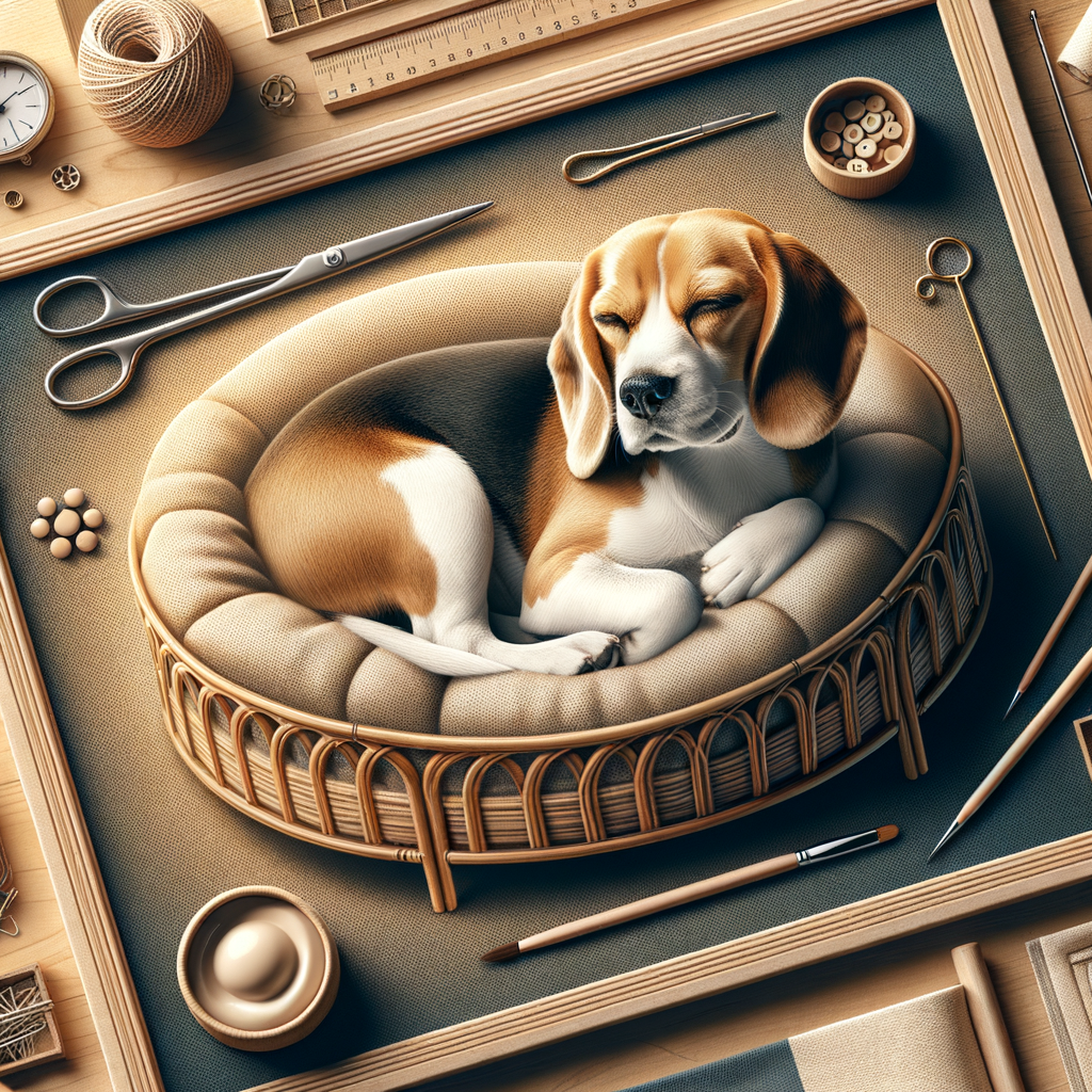 Beagle comfortably sleeping in a well-designed dog bed, illustrating Beagle sleep habits and needs, and providing sleep tips for Beagles in a well-structured pet sleep area.