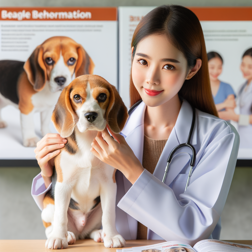 Veterinarian examining a healthy Beagle's habits during a check-up, with a guide on understanding Beagle behavior problems, temperament, health care tips and behavior training in the background.