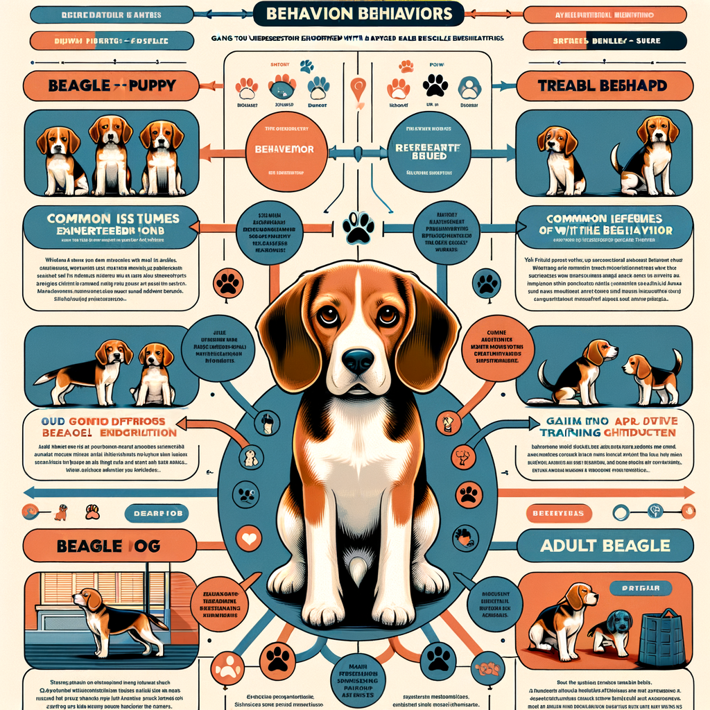 Infographic highlighting Beagle behavior traits, differences in Beagle puppy behavior and adult Beagle behavior, common Beagle behavior issues and solutions for training Beagle behavior, emphasizing on understanding Beagle dogs and unique Beagle breed behavior characteristics.