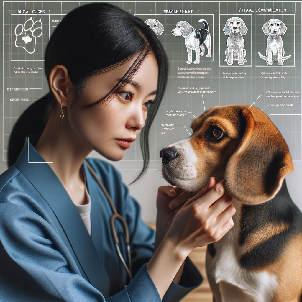 Professional dog trainer interpreting Beagle's physical cues and decoding gestures, demonstrating Beagle communication methods for better Beagle behavior understanding, with a comprehensive Beagle body language guide.