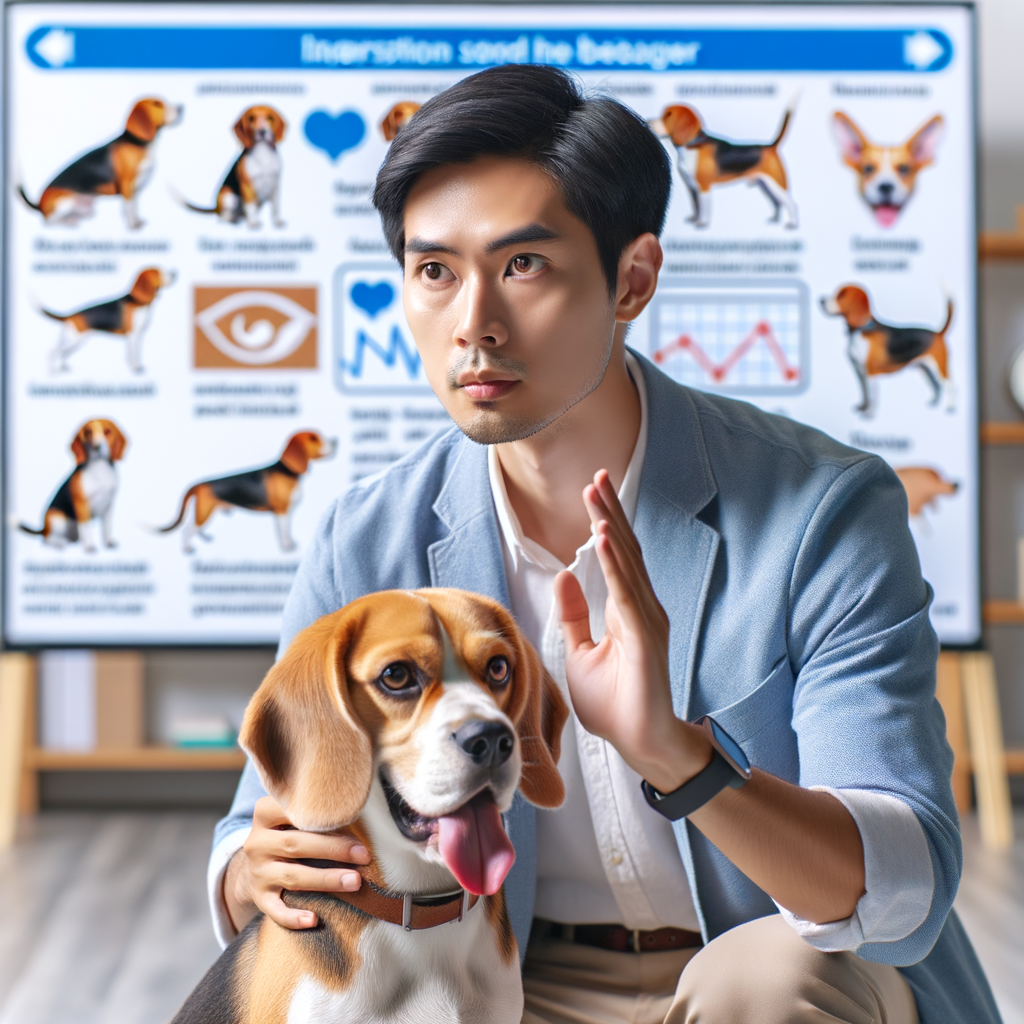Professional dog trainer decoding Beagle gestures and understanding Beagle body language for effective non-verbal communication, demonstrating Beagle behavior interpretation and reading Beagle signals.
