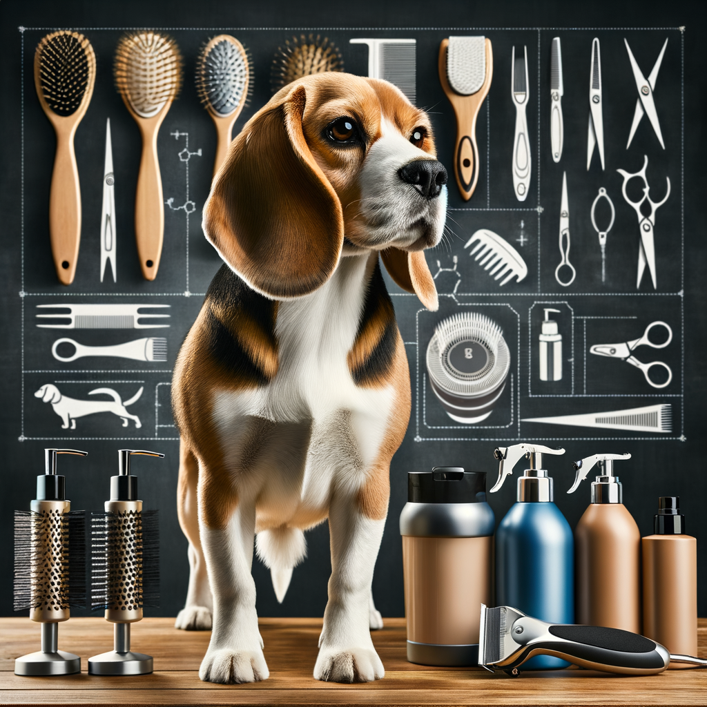 Beagle grooming guide showcasing essential Beagle grooming products, a well-groomed Beagle demonstrating Beagle hair care, and a step-by-step Beagle grooming routine for understanding Beagle grooming needs and Beagle skin care.