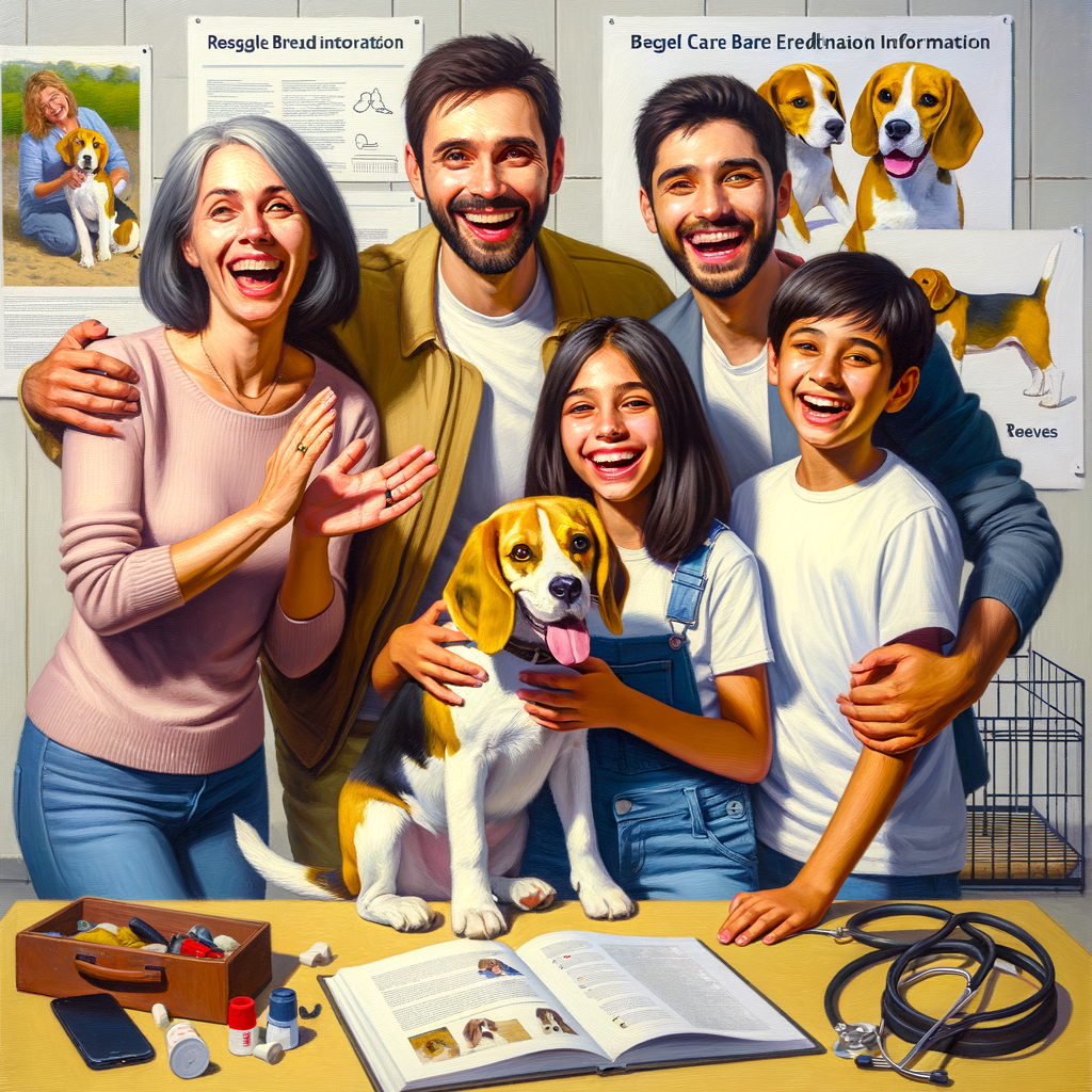 Joyful family adopting a rescue beagle from a beagle rescue center, illustrating the benefits of beagle dog adoption, the beagle adoption process, training, and care for a rescue beagle, and providing beagle breed information.