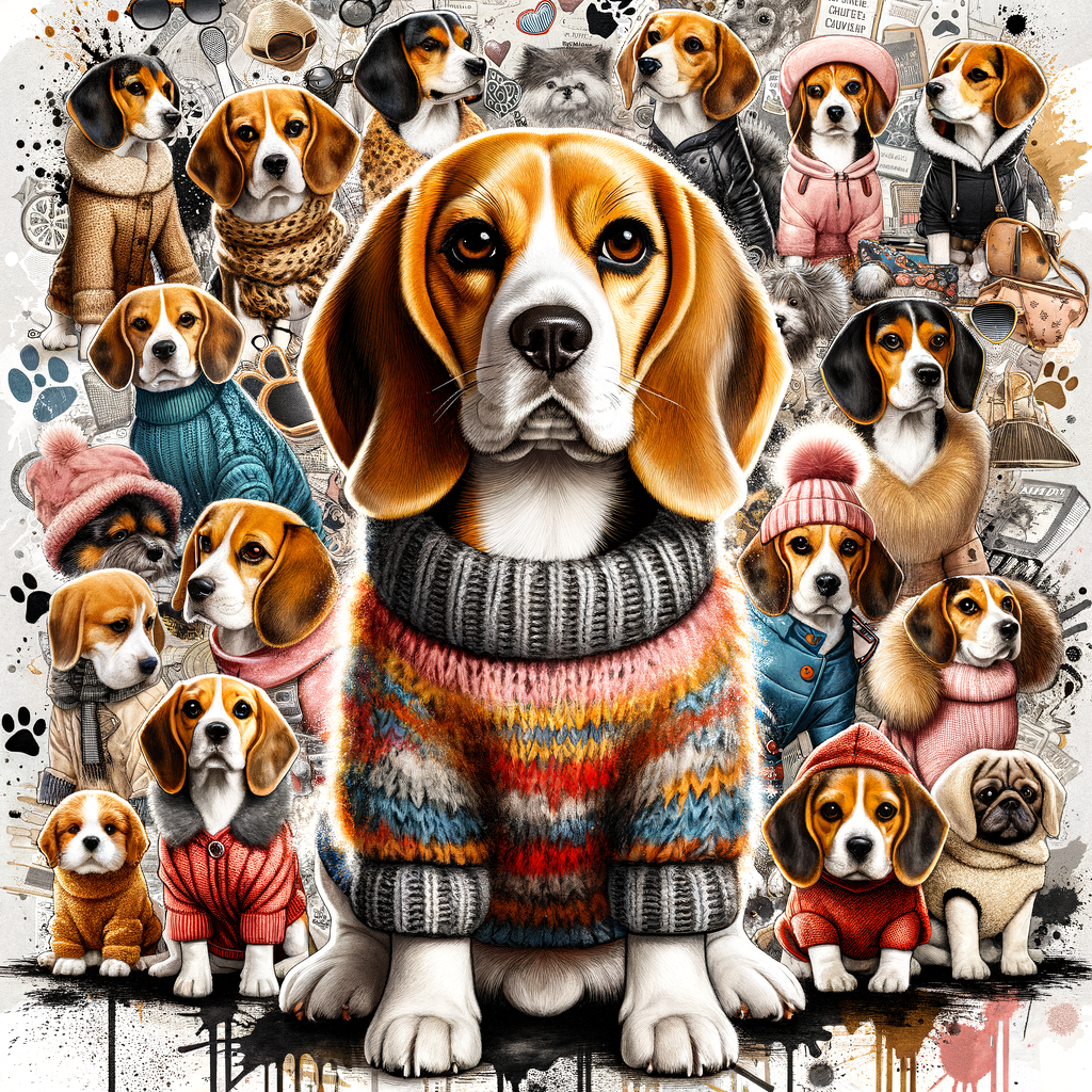 Beagle dog showcasing fashionable Beagle dog outfits, including a Beagle dog sweater, coat, and costume, surrounded by an array of Beagle clothing, apparel, and accessories, epitomizing Beagle dog fashion.